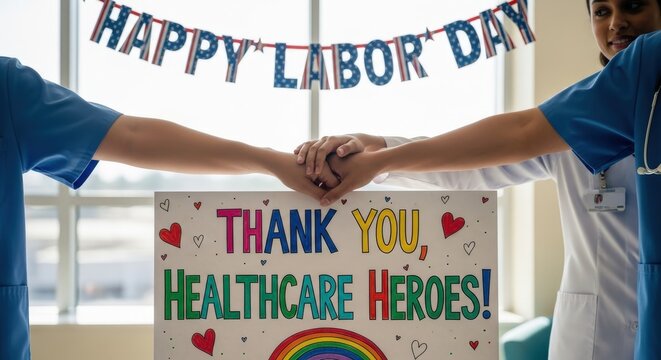 Healthcare workers hands together, Labor Day banner, Thank You Healthcare Heroes sign