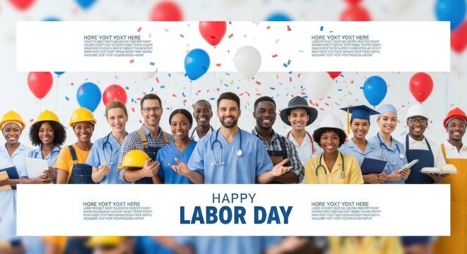 Labor Day, Happy Labor Day, Diverse Workers, Celebration, Confetti Balloons