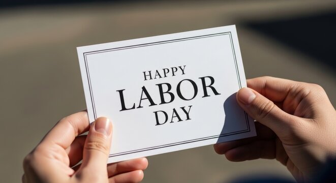 Hands holding Happy Labor Day greeting card, white card with black text, Labor Day message, holiday celebration