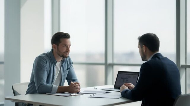 Creative consultant seated with broker in bright studio environment discussing professional liability with the consultant highlighted and background blurred for emphasis.