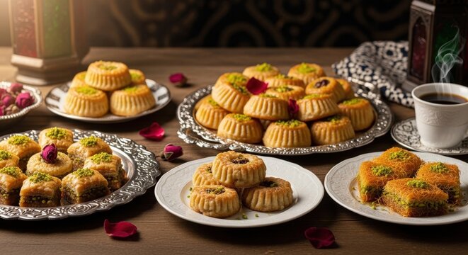 Assorted Middle Eastern pastries, sweet treats, desserts, bakery, food