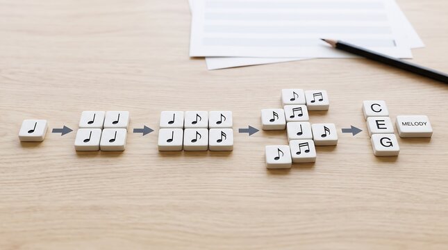 Music composition concept with white tiles showing notes and melody, creative songwriting process on wooden desk, musical theory education