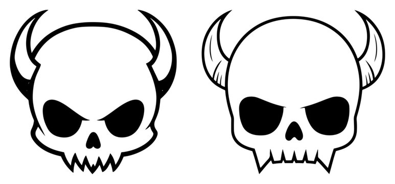 Stylized devil skulls with horns in bold black graphic silhouette style
