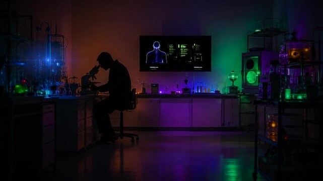 Scientist looking into microscope long shot science setting