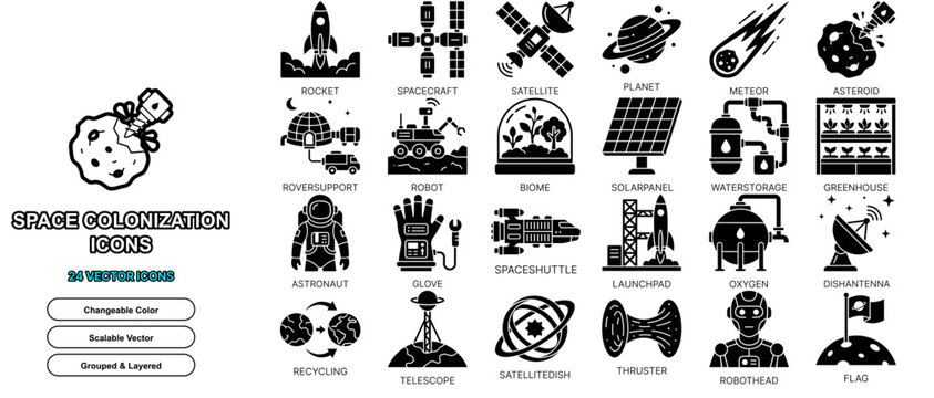 space colonization flat icon set vector mars planet solid glyph isolated astronaut colony web ui sign element
