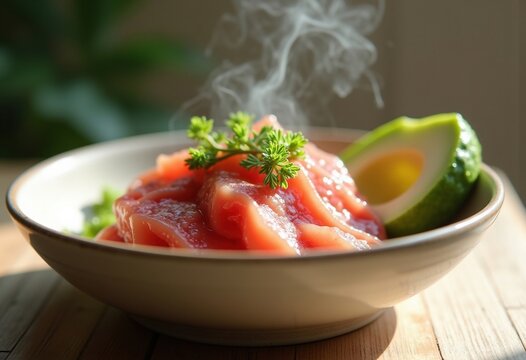 Minimalist Ceramic Bowl Featuring Fresh Tuna and Avocado Arrangement Surrounded by Subtle Organic Elements