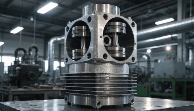 Medium shot of a singlestage reciprocating piston compressor block highlighting the precise machining of castiron components and the fitted pistons against an industrial workshop