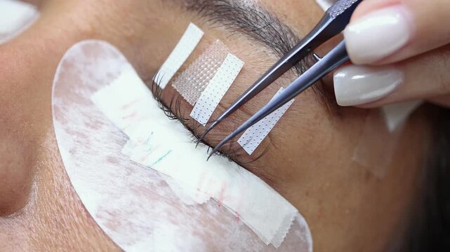 Eyelash extension process in a professional beauty salon, close-up view