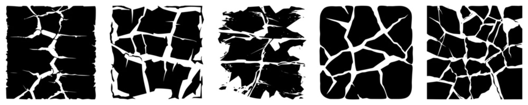 Cracked earth ground patterns and dry parched soil textures in black silhouette style