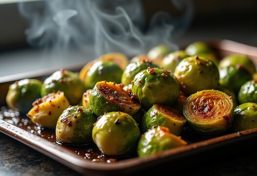 Oven-Roasted Brussels Sprouts Glazed in Balsamic Vinegar on Dark Metal Baking Tray with Caramelized Edges