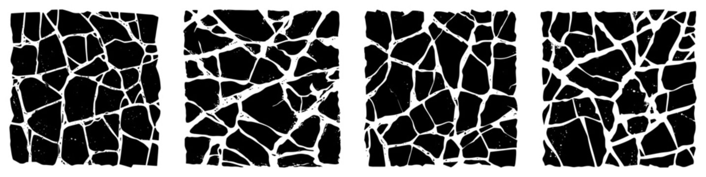 Cracked earth textures and dry ground patterns in black and white silhouette style
