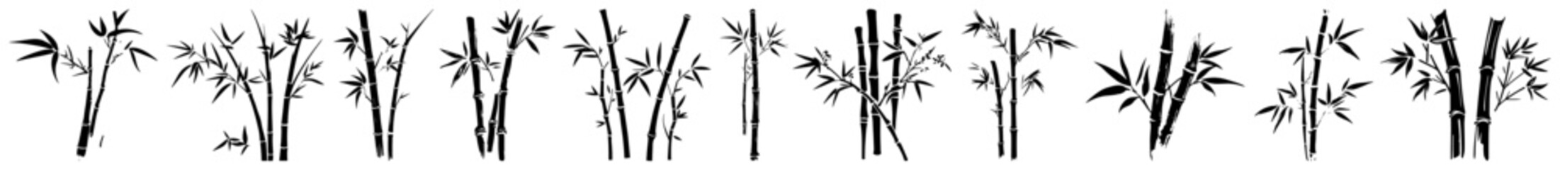 Bamboo stalk border with sparse leaves in black line art © Aisha Kudorova