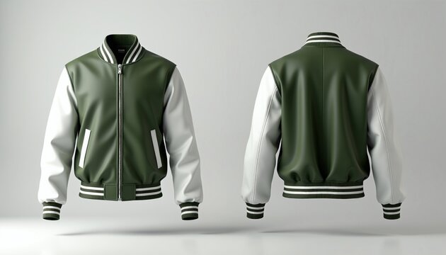 Olive green and white baseball jacket with ribbed collar, cuffs, and hem. Two front pockets and zippered closure. Classic varsity style outerwear for casual wear and fashion.