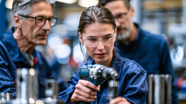 Faceless female apprentice using a power drill under the direct supervision of an experienced engineer in a factory workshop, safe vocational training, defocused workshop in