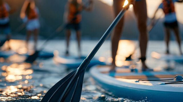 Faceless team paddling together on stand up boards, group water sport and coordination concept, defocused water surface in background, team paddling concept photography, with copy