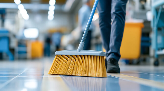 Faceless young man sweeping a tiled factory floor with a wide industrial broom, workplace maintenance and cleanliness concept, defocused factory floor in background, young man