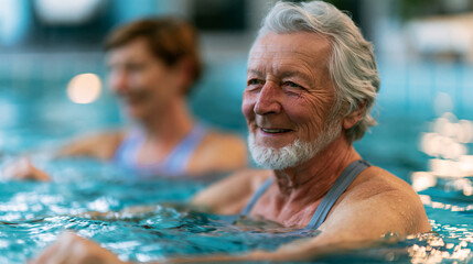 Fototapeta premium Close-up of an elderly couple doing gentle aqua exercises together in a swimming pool, joyful active participation, defocused pool interior in background, elderly couple pool