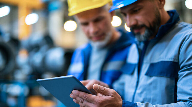 Faceless apprentice engineer asking his foreman a question on the factory floor, mentoring and skills transfer concept, defocused factory in background, apprentice question