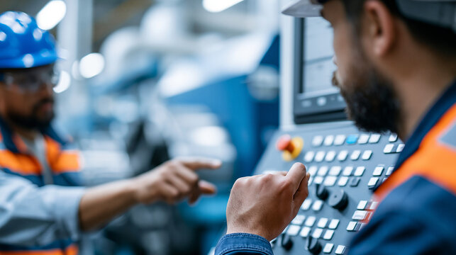 Faceless trainee worker asking a foreman about machinery controls in a factory setting, vocational skills learning concept, defocused machinery in background, trainee foreman