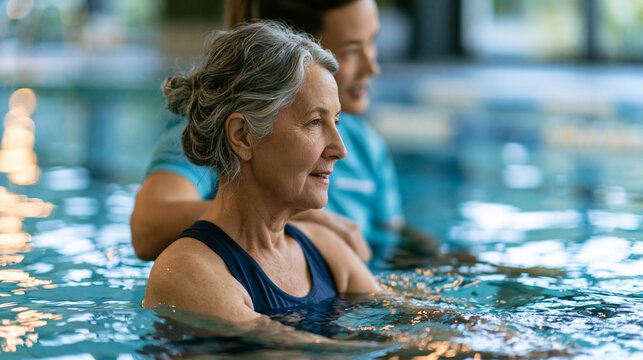 Faceless senior woman learning to swim with an instructor by her side in a bright pool, beginner aquatics coaching for adults, defocused pool in background, senior learn to swim