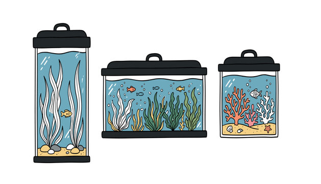 Cute hand drawn aquarium vector set with glass fish tanks seaweed coral reef small fishes and bubbles illustration.