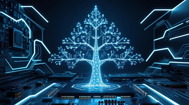 Glowing digital tree structure forming on computer motherboard with bright light circuit paths.