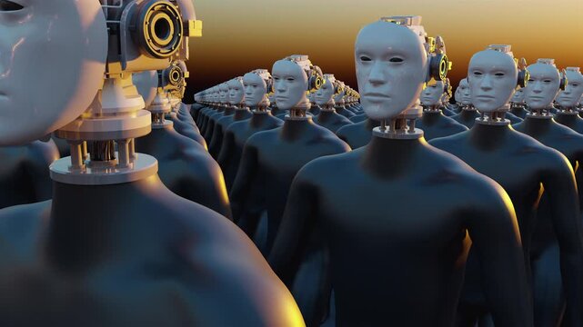 Endless 3d animation loop of humanoid cyborgs. Concept of total control, mass monitoring, privacy loss and futuristic corporate dictatorship.