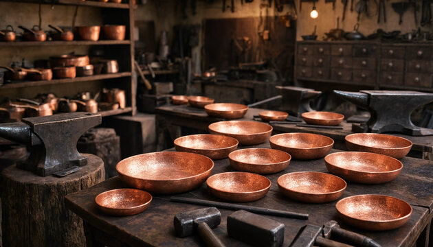 Copper bowls and metalworking tools on a wooden table in a traditional blacksmith or coppersmith workshop with shelves of metal
