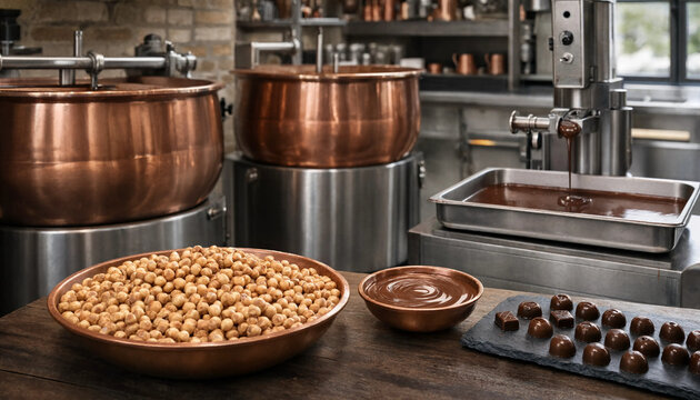 Copper cooking pots and chocolate tempering machine with a bowl of roasted hazelnuts and tray of finished truffles in a confectionery kitchen