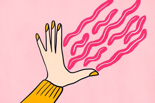 Abstract hand gesture with pink waves on pastel background