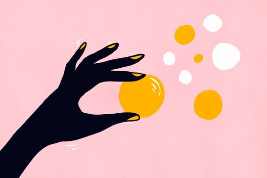 Abstract hand reaching for glowing orbs on pink background