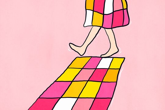 Person walking on colorful checkered path, pink background