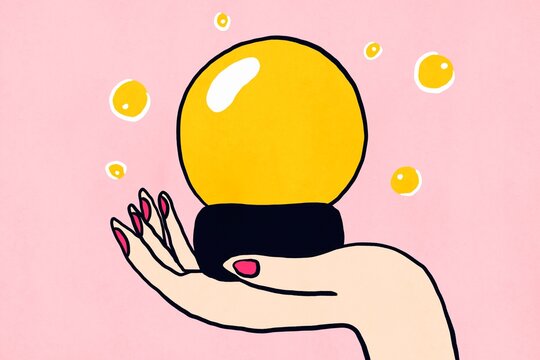 Hand holding glowing orb with floating bubbles on pink
