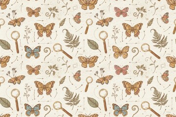 Fototapeta premium Seamless pattern featuring vintage hand drawn butterflies, magnifying glasses, fern leaves, and botanical on a textured beige background