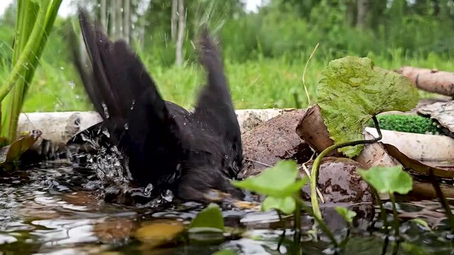 The common blackbird (Turdus merula) is bathing in a forest pond