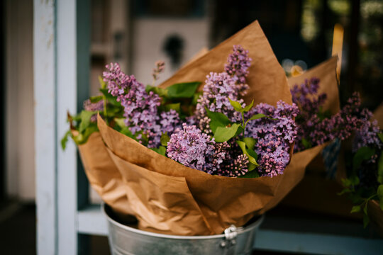 Rustic spring lilac bouquet in metal bucket by window