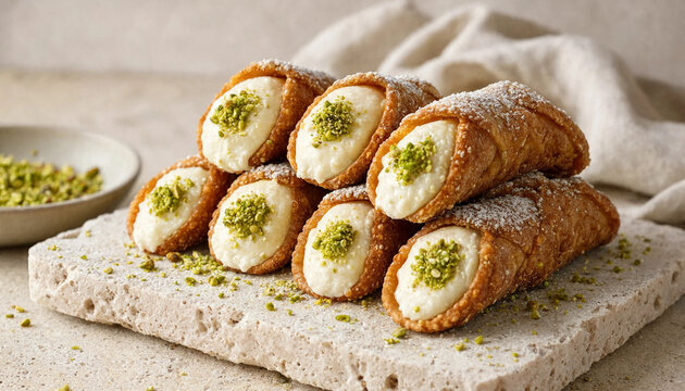 Delicious italian cannoli pastries filled with sweet ricotta cream and topped with crushed pistachios on a rustic stone surface background