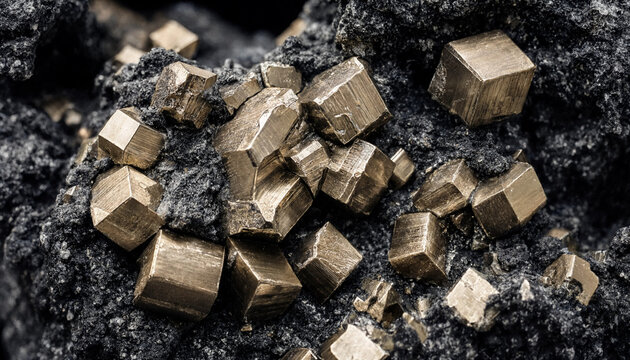 Close up of metallic pyrite mineral crystals with cubic structure embedded in dark grey rock matrix showing golden luster and sharp edges