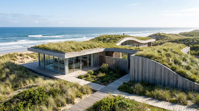 Modern Sustainable Beach House with Green Roof Integrated into Coastal Sand Dunes and Ocean View