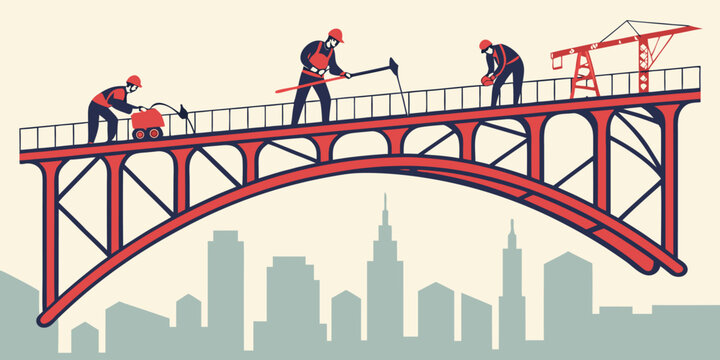 Bridge construction crew works on a large red metal span overlooking a modern city silhouette at sunset.