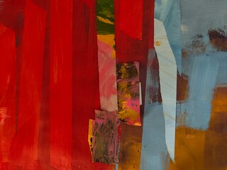 Fototapeta premium Vibrant collage with red panel, pale blue strips and pink texture