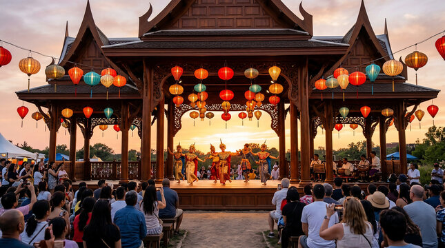 Traditional Thai Dancers Performing on an Ornamental Stage Decorated with Glowing Lanterns During a Beautiful Sunset Festival