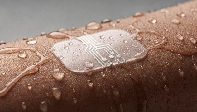Medium shot of a waterproof cardiac patch being tested under water droplets showcasing durable yet flexible sensor integration on breathable materials ideal for active wet