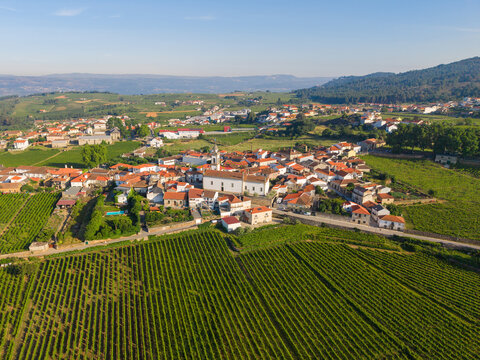 Aerial view of Douro Valley village and vineyard landscape