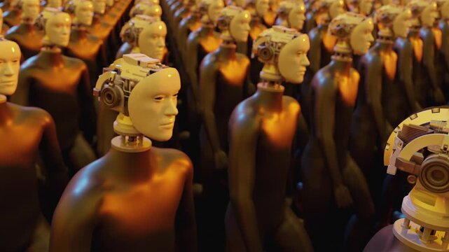 Endless 3d animation loop of humanoid cyborgs. Concept of total control, mass monitoring, privacy loss and futuristic corporate dictatorship.