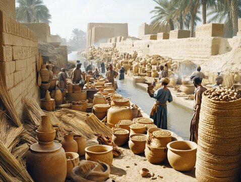 Historic Babylon Canal Market Courtyard Ancient Grain Commerce Architectural Reconstruction Scene