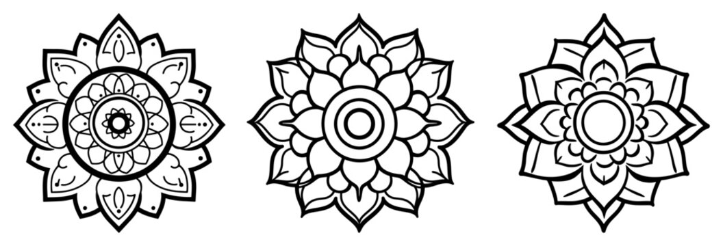 Lotus flower mandala ornaments with intricate geometric details in line art style