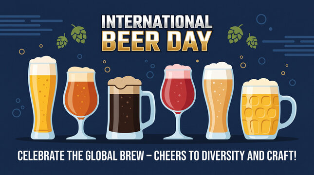 International Beer Day celebration with various beer types in flat vector illustration style on dark background