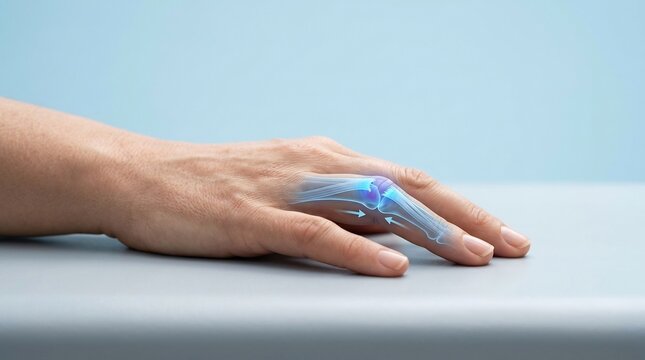 Close-up of a human hand with a digital anatomical overlay highlighting joint inflammation and pressure in the finger