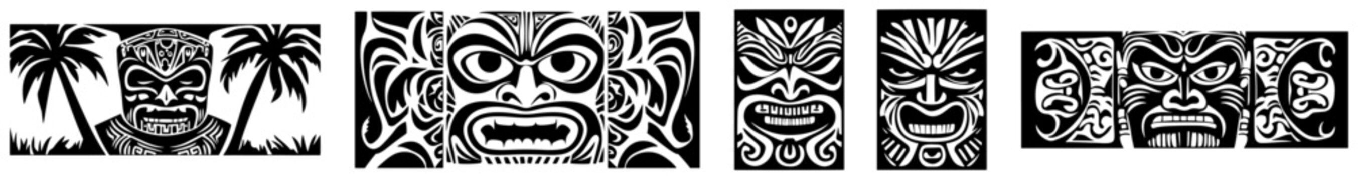 Polynesian tiki masks and tribal banner ornaments